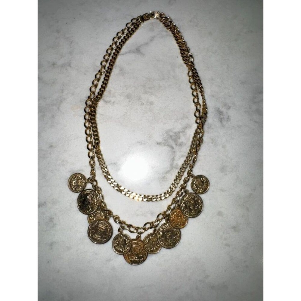 Vintage Gold Tone Coin Charm Double Strand Curb Chain Statement Necklace
